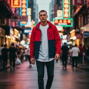 Nautica Men's Two-Tone Red & Navy Hooded Windbreaker Jacket